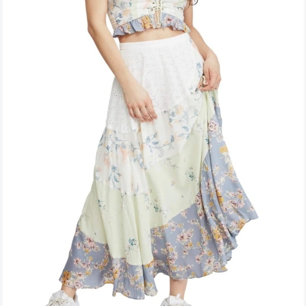 $198 Free People In The Flowers Skirt 0 Floral Eyelet Patchwork Cottagecore Boho